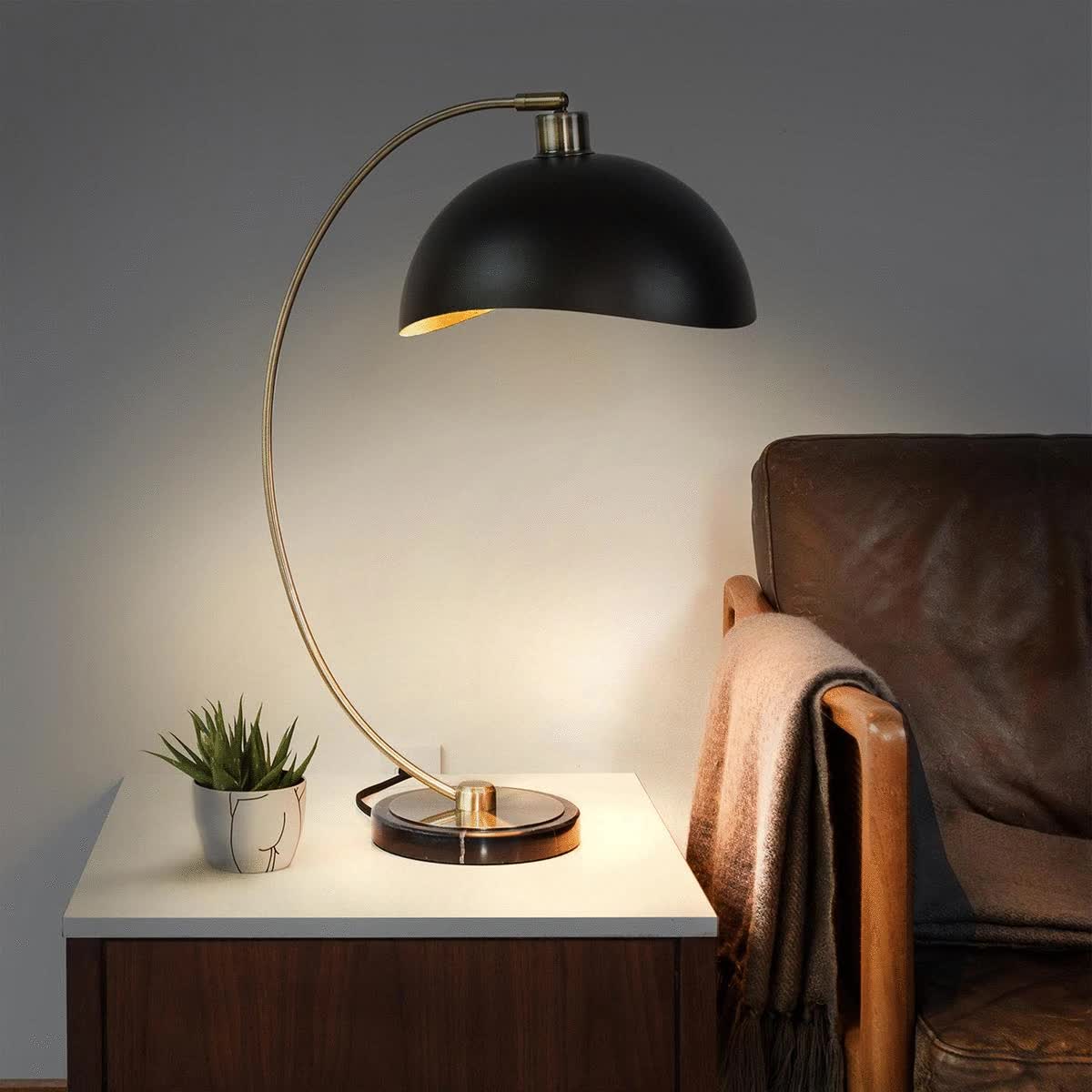 Nova of California Luna Bella 24" Table Lamp in Weathered Brass and Matte Black/gold Leaf Shade with Dimmer Switch