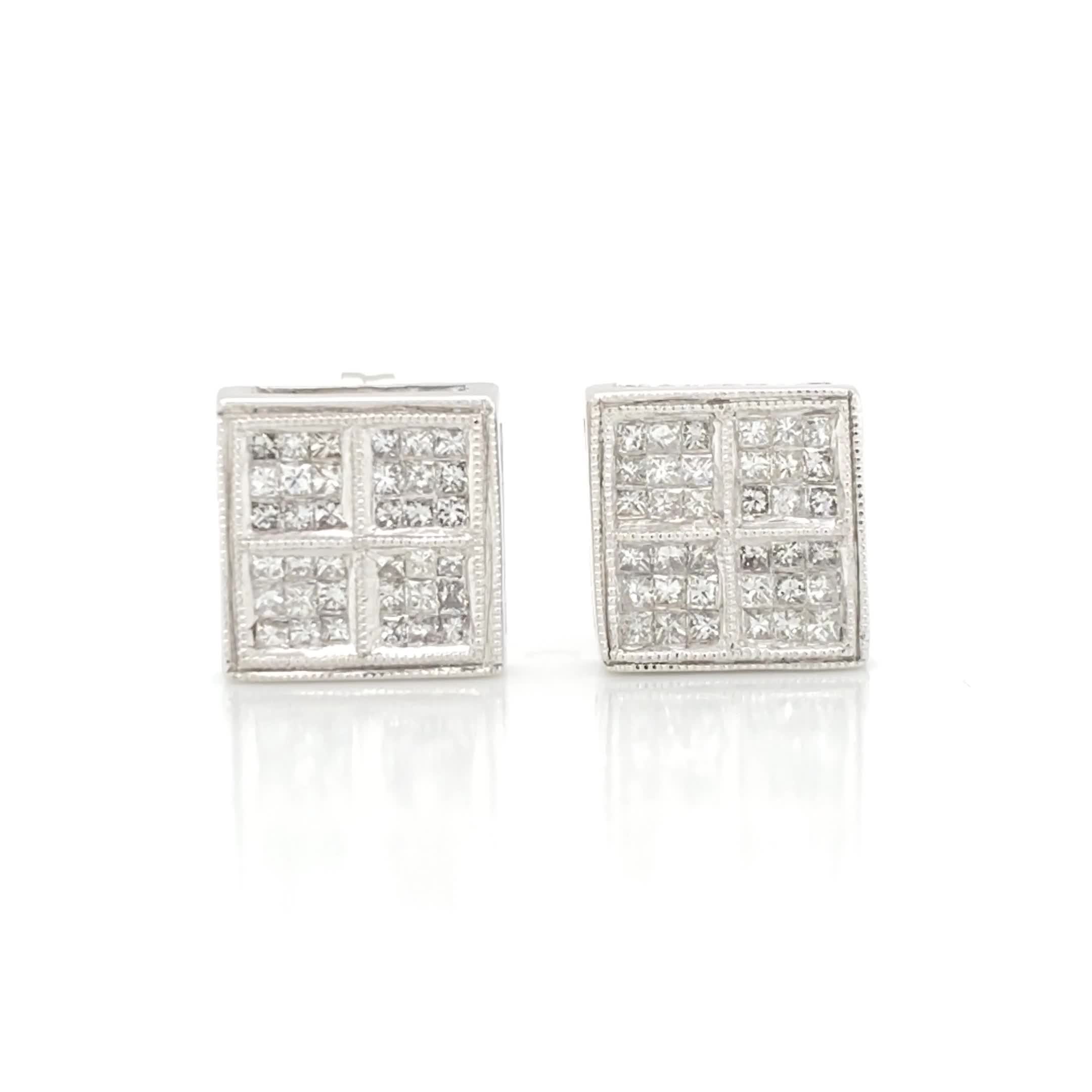 14K White Gold 1/2 Cttw Princess Diamond Composite Box Shape Milgrain Stud Earrings - H-I Color, SI1-SI2 Clarity