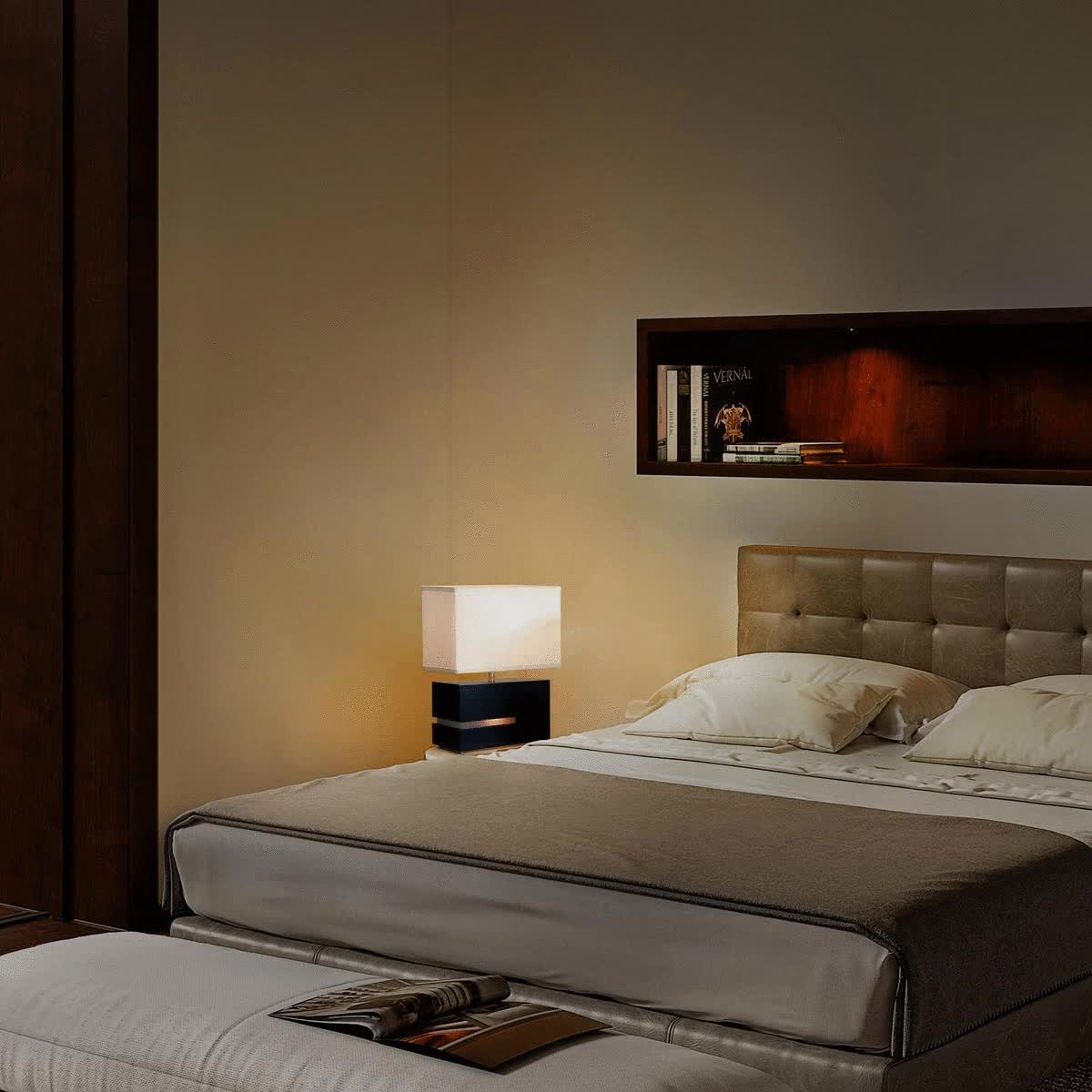 Zen Reclining Table Lamp with Nightlight - 19", Espresso Wood, Brushed Nickel, 4-way Switch